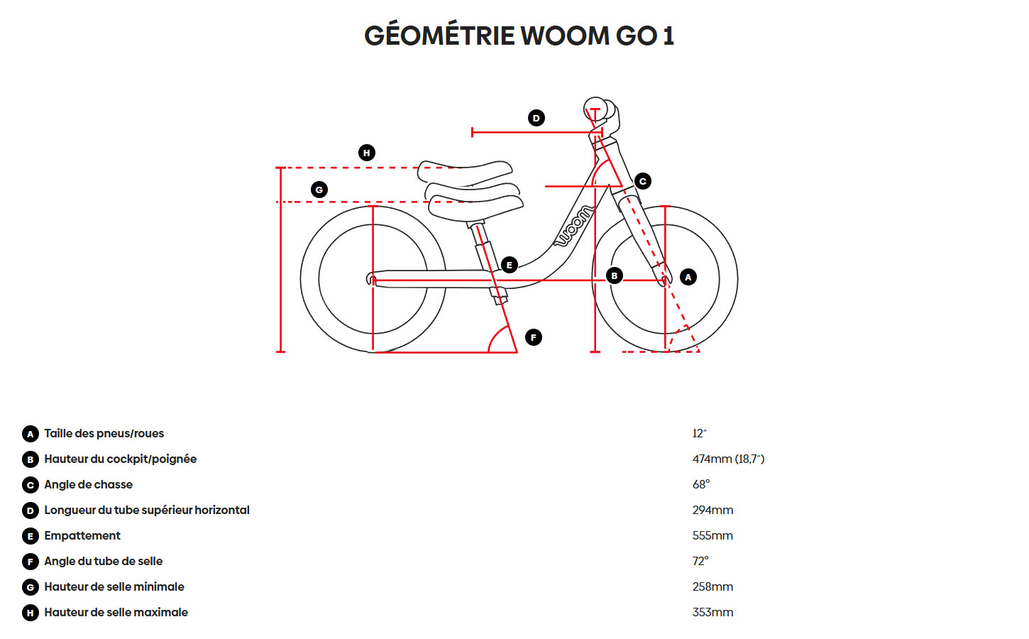 Guide de taille du vélo Woom Go 1 Année 2026